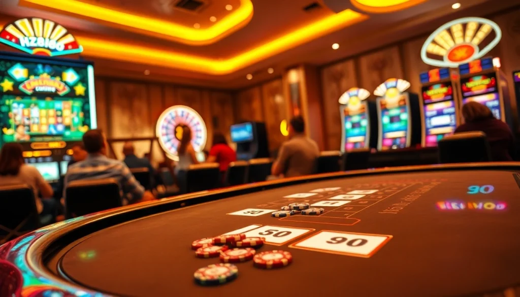 An engaging online casino scene featuring players at a blackjack table and vibrant slot machines, highlighting https://hz88.my/ for a thrilling gambling experience.