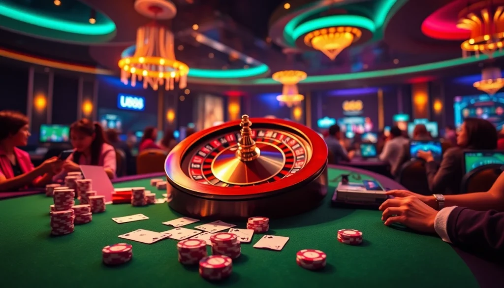 Experience U888 excitement at a vibrant online casino with roulette, cards and poker chips in action.