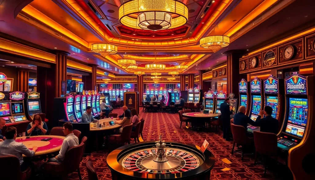 Exciting casino scene showcasing players at nhà cái bet88 with vibrant slot machines and roulette tables.