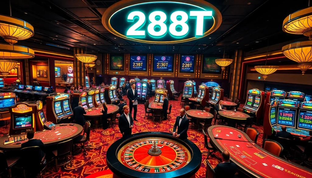 Experience the thrilling casino dynamics with 288T highlighted on vibrant gaming tables filled with poker chips and active players.