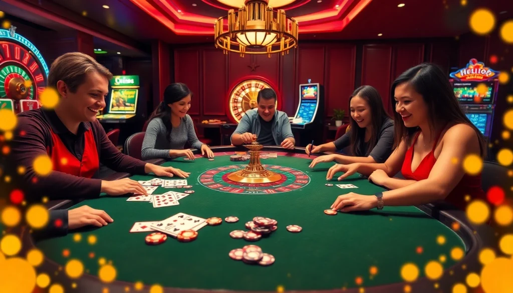 Experience the excitement of HELLO88 in a vibrant casino setting with active players at a poker table.