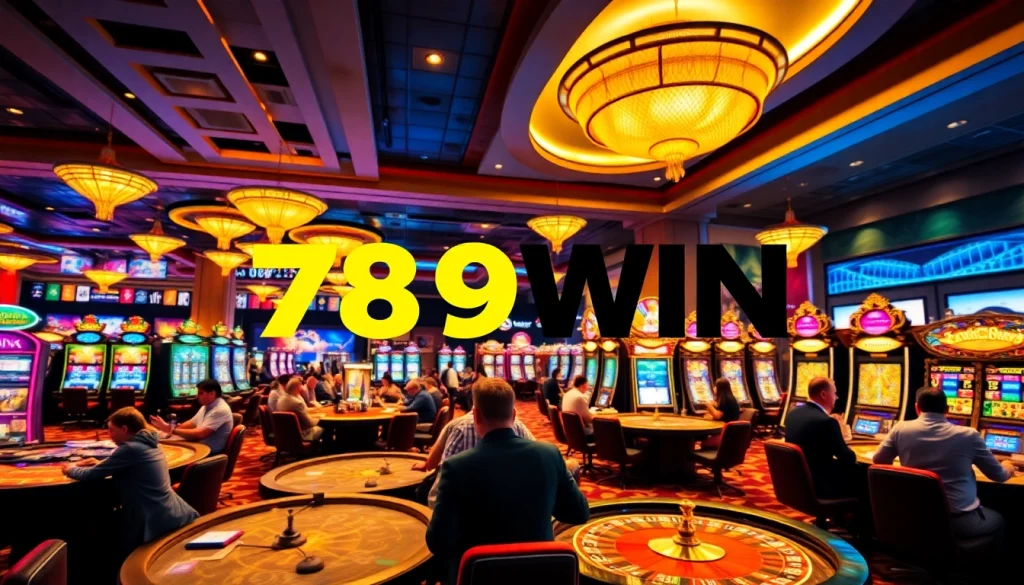 Engaging players at 789WIN in a vibrant casino atmosphere featuring gaming tables and slot machines.