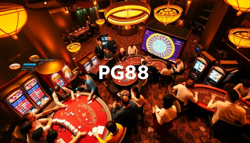 Players enjoy thrilling PG88 poker games on a lively casino floor with vibrant lights and action.