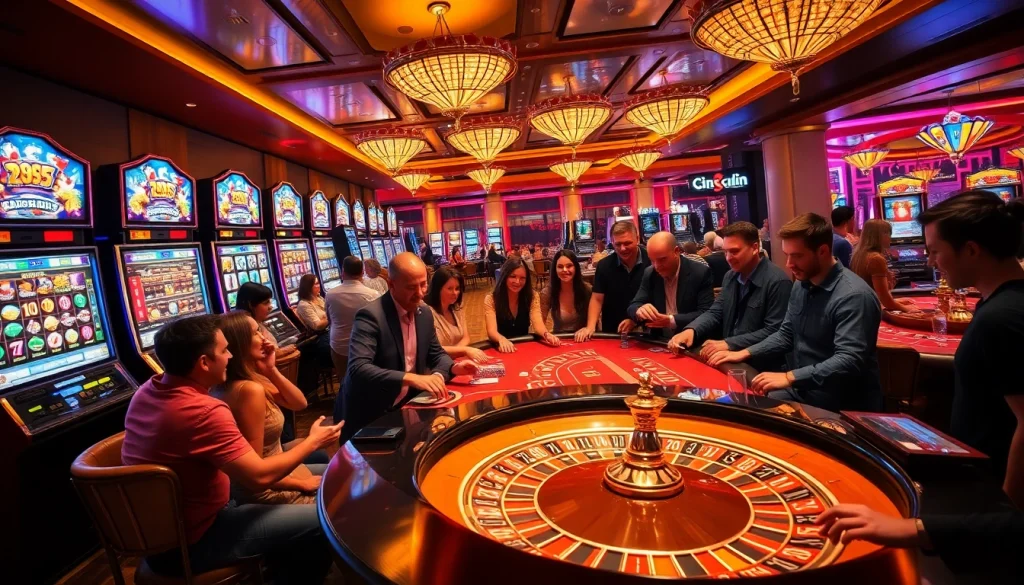 Enthusiastic players engaging with games at KING88 casino, featuring vibrant slot machines and intense roulette action.