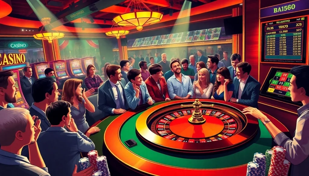 Experience the thrill of live casino gaming at https://mm88.io/ with a bustling roulette table and vibrant atmosphere.