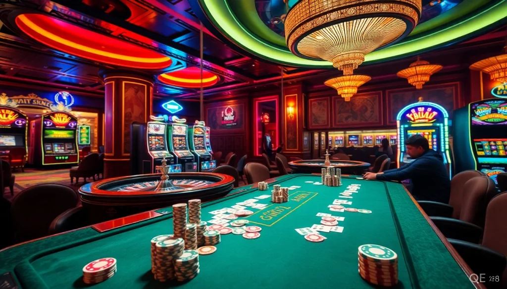 Experience thrilling moments at the QE8 high-stakes poker table with colorful chips and eager players.