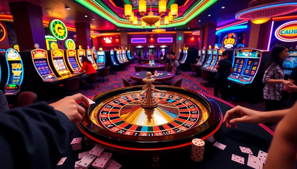Experience gacor123 excitement at an online casino gaming table, featuring roulette, cards, and vibrant lights.