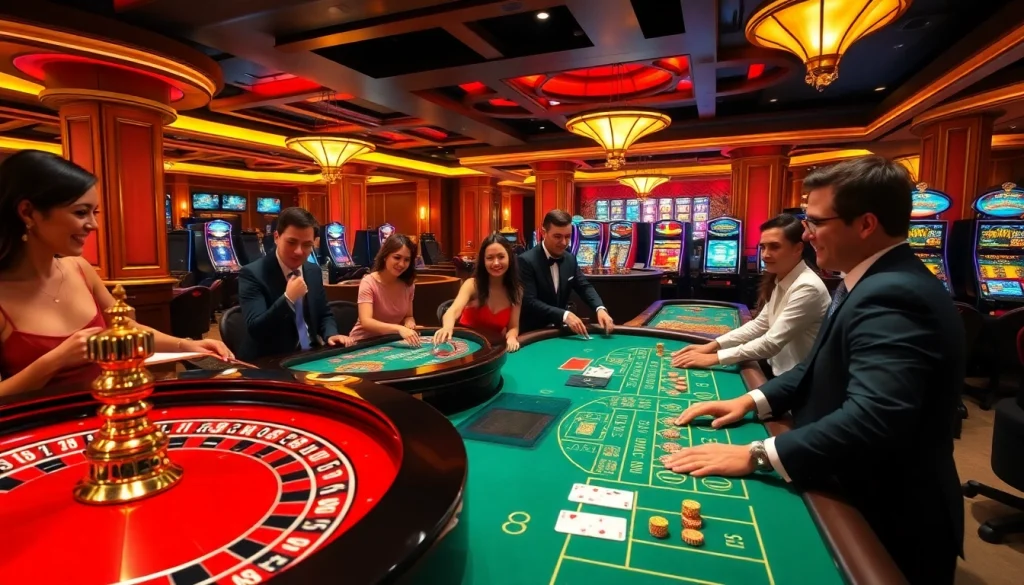 Discover lively casino action with players at https://rr88.com.se/, featuring roulette and blackjack tables in a rich, vibrant setting.