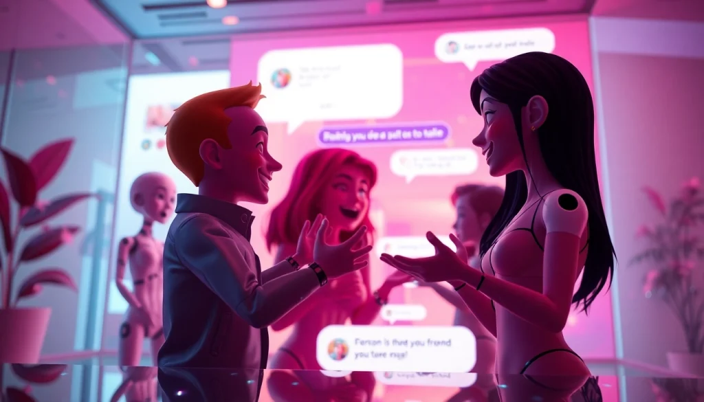 Engaging ai chat porn interactions between playful AI characters in a vibrant chat interface.