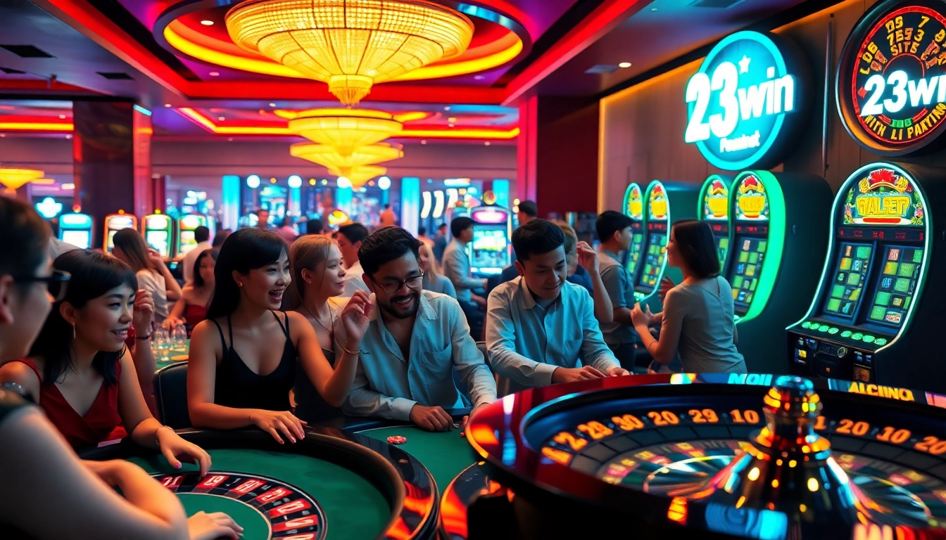 Experience the excitement of 23win as players engage in thrilling casino games like poker and roulette, with vibrant lights enhancing the atmosphere.