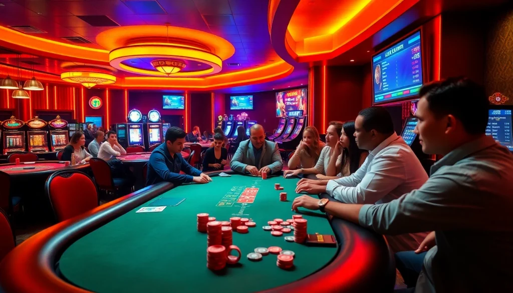 Experience the excitement of LK68Vip with players enjoying a thrilling poker game in a luxurious casino setting.